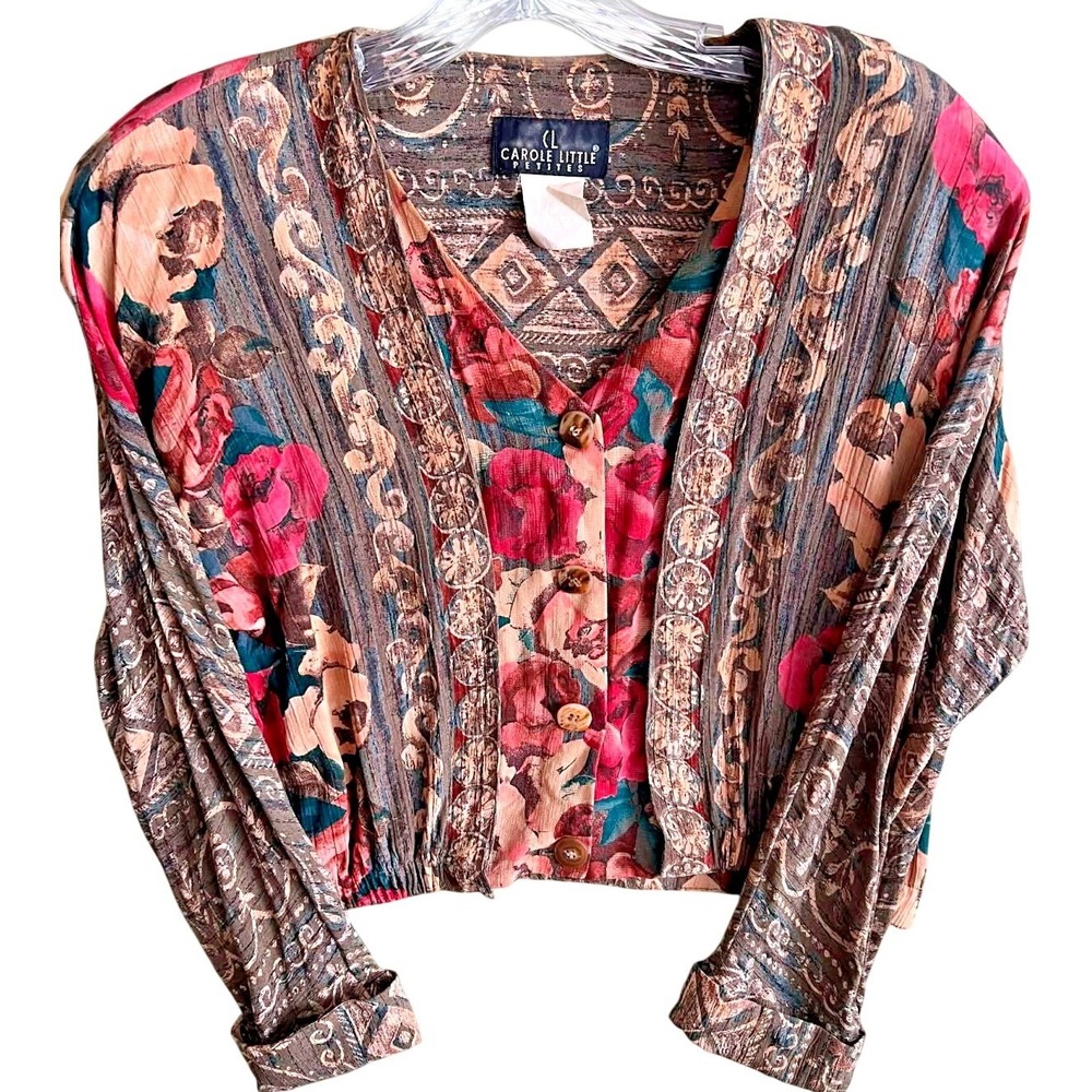 Vintage 90s Carol Little Petites Boho Floral Button Front Top Petite L